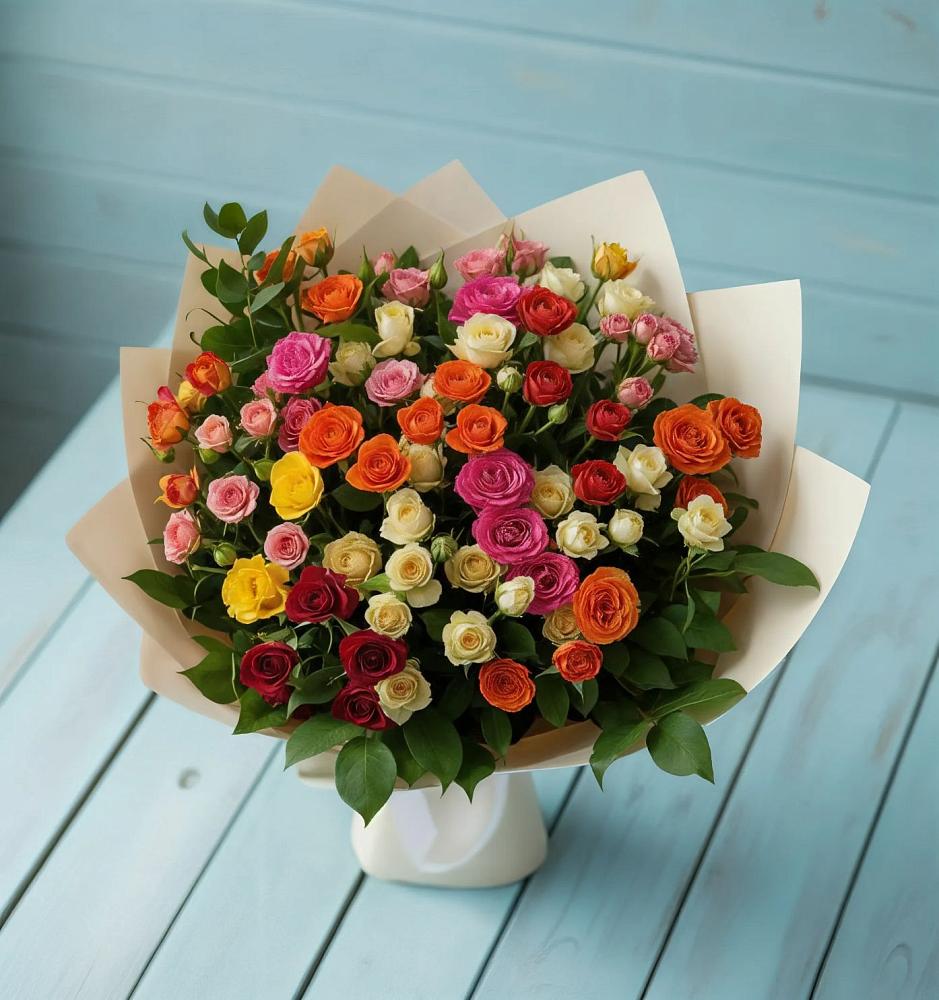 Букет Микс из разноцветных кустовых роз в Приводино